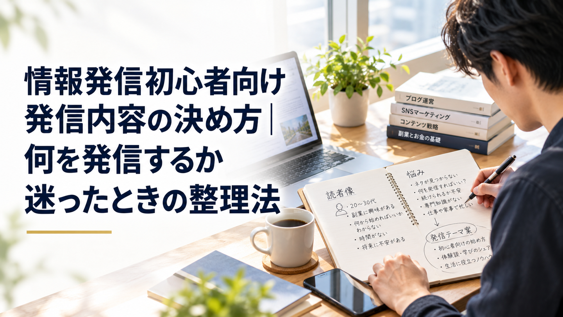 朝の自然光が入る静かな机でノートに読者像と悩みを書き出し情報発信のテーマを整理している作業風景