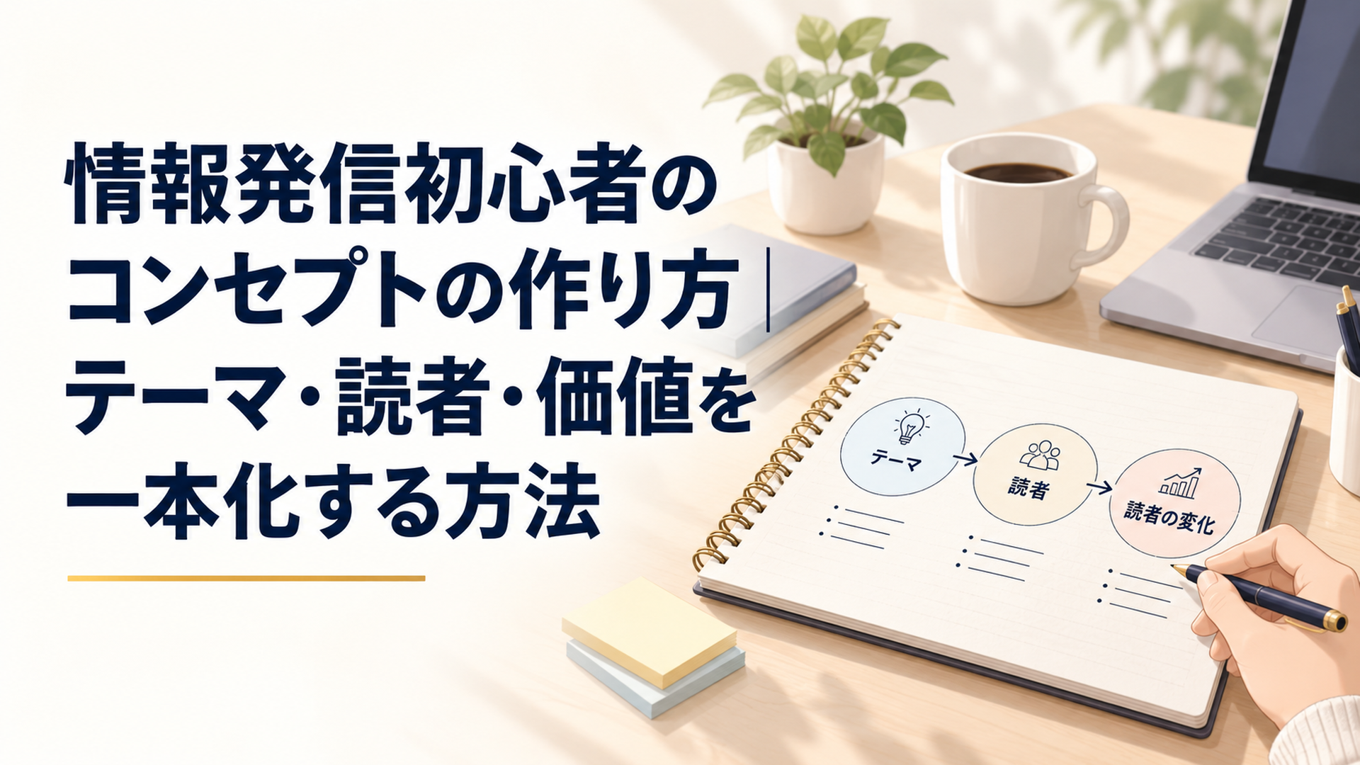 ノートにテーマ・読者・読者の変化を書き出し情報発信の軸を整理している落ち着いたデスク