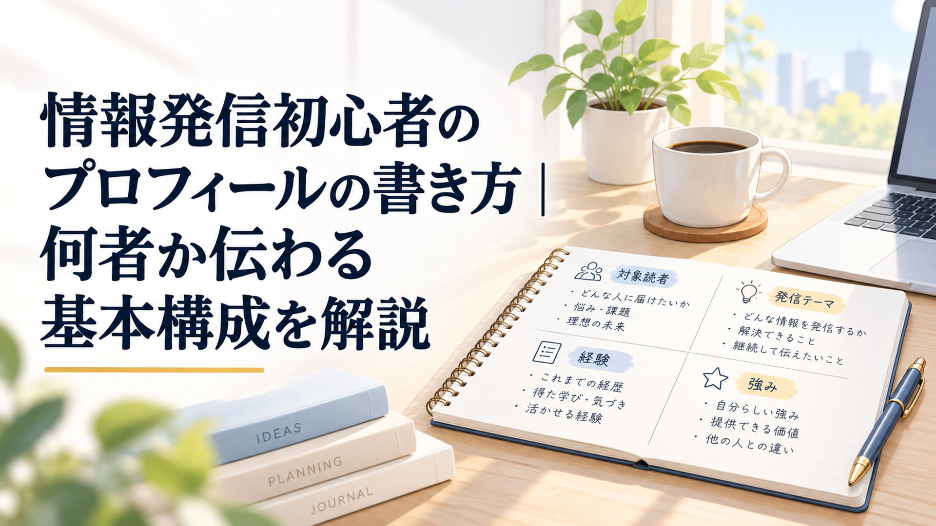 プロフィールの対象読者・発信テーマ・経験・強みをノートに整理する朝の静かなデスク
