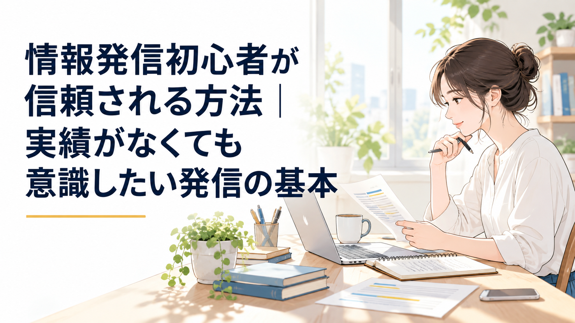 朝の自然光が入る静かなデスクでパソコンとノートを使い情報源と発信内容を照合している場面