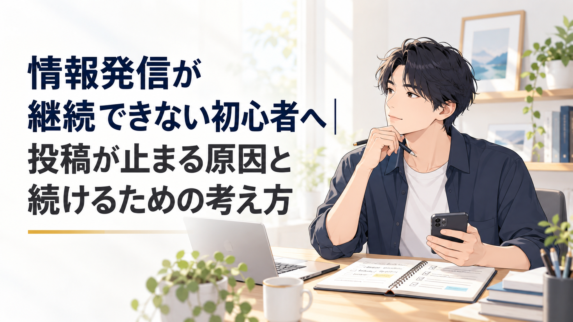 静かな自宅デスクでノートとスマートフォンを前に情報発信の継続計画を整理している様子
