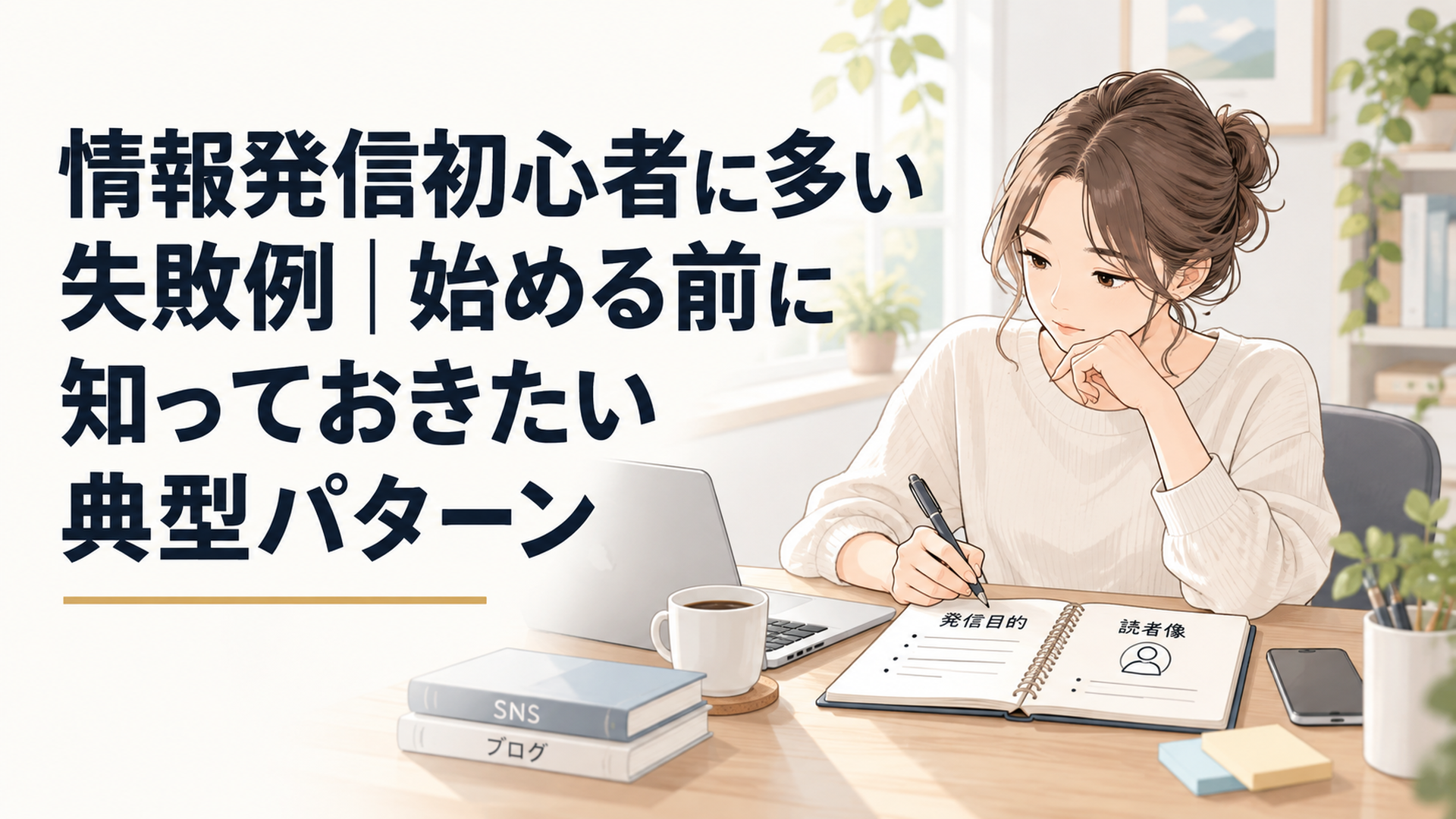 SNSやブログを始める前に発信目的と読者像をノートへ整理する落ち着いた自宅デスク