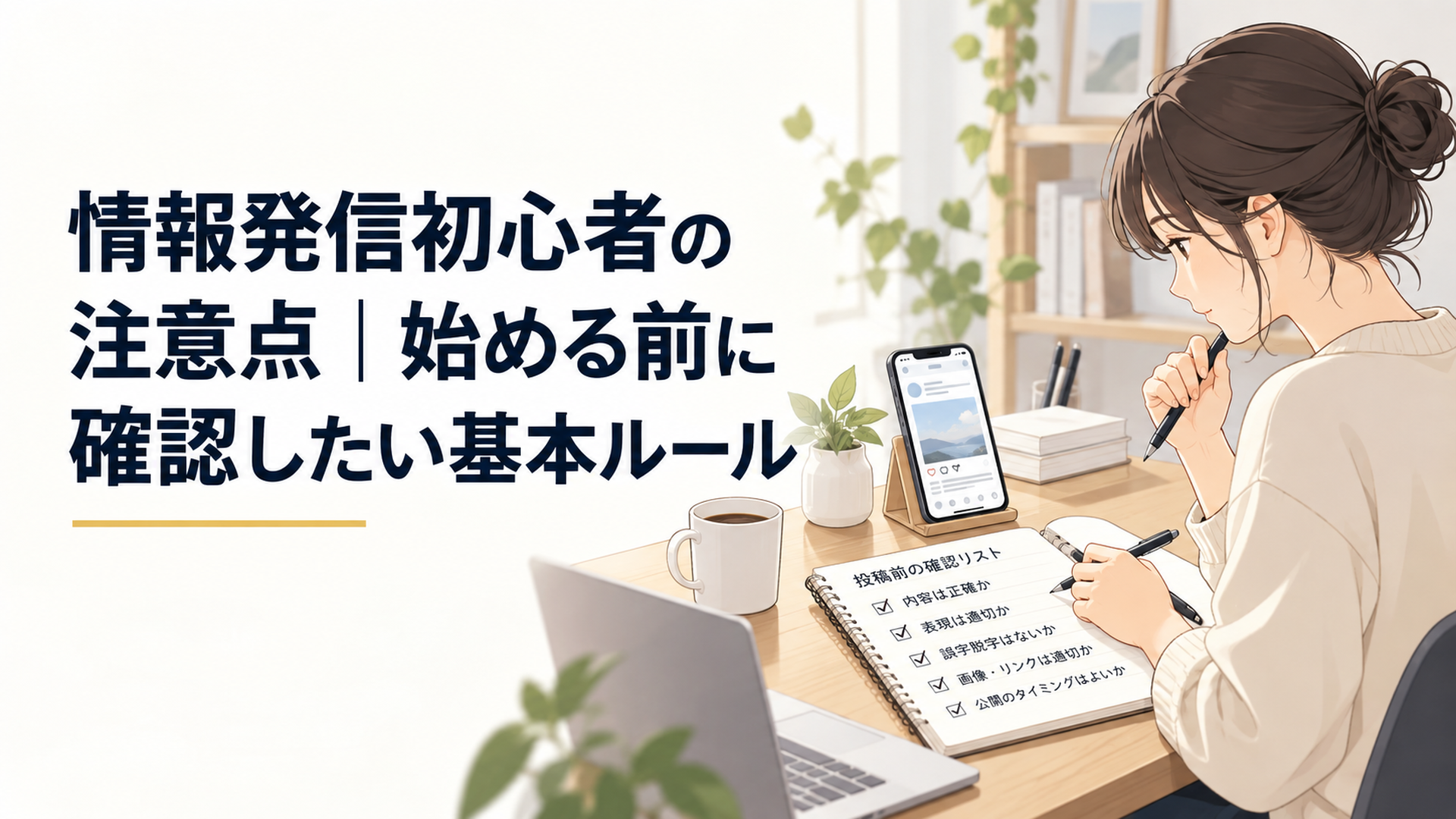 落ち着いた自宅デスクでノートとスマートフォンを前にSNS投稿前の確認事項を整理している場面
