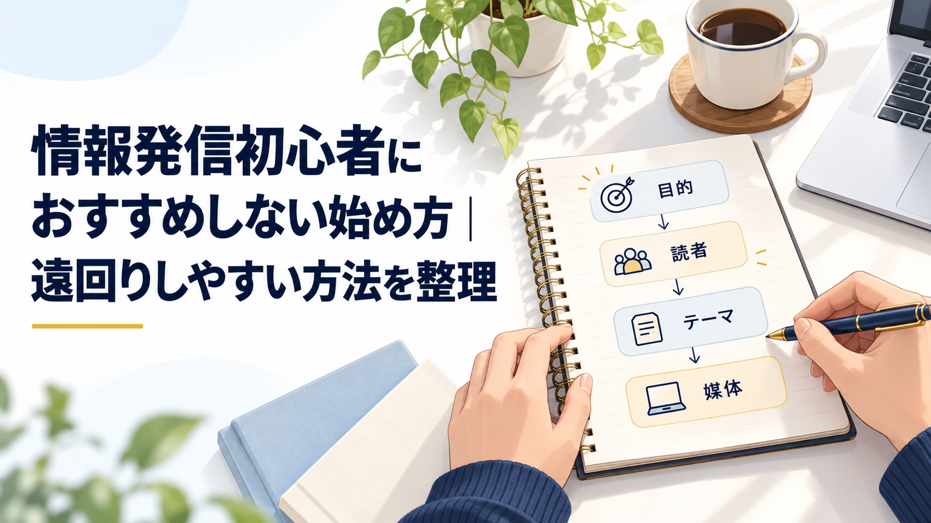複数のSNS画面を広げず、一冊のノートに目的・読者・テーマ・媒体を順番に整理している落ち着いたデスク風景