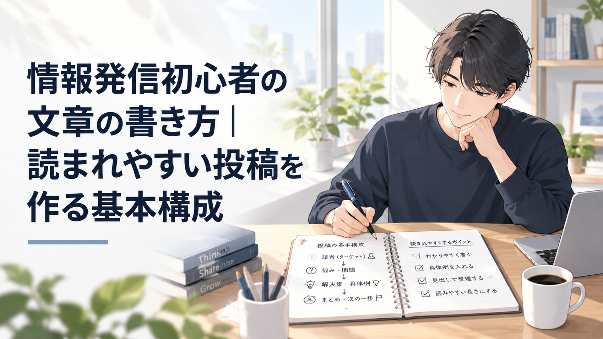朝の自然光が入る静かな机で、ノートに読者・悩み・結論・構成を書き出しながら文章設計を進めている落ち着いた作業風景