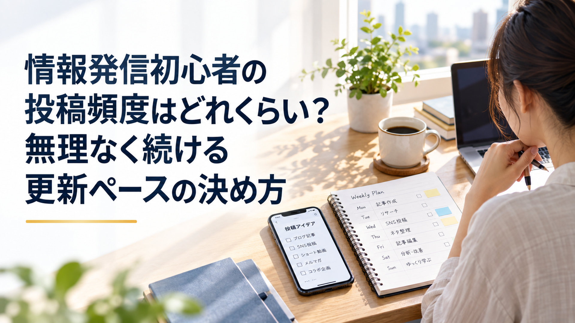 朝の静かなデスクでスマートフォンと週間予定を書いたノートを見ながら投稿頻度を整理している場面