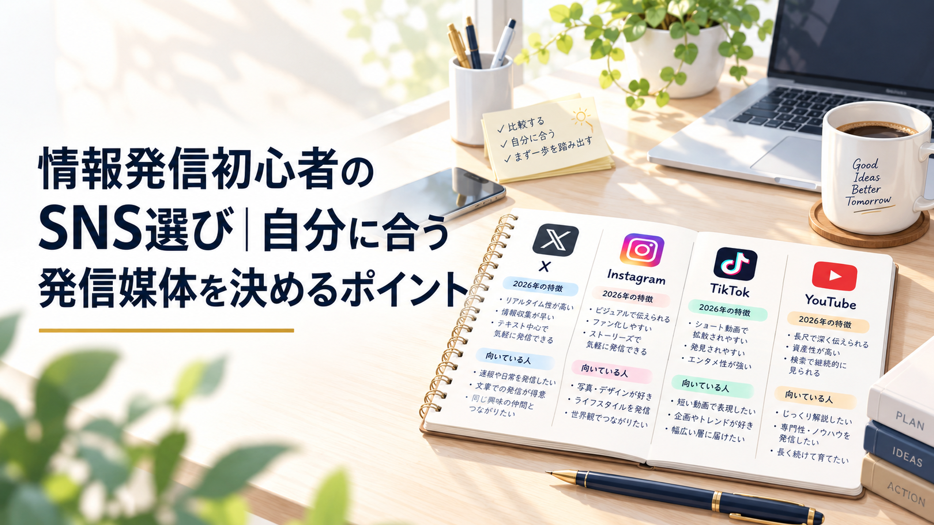 X・Instagram・TikTok・YouTubeの2026年公表データをノートに整理し最初の発信媒体を比較している静かなデスク