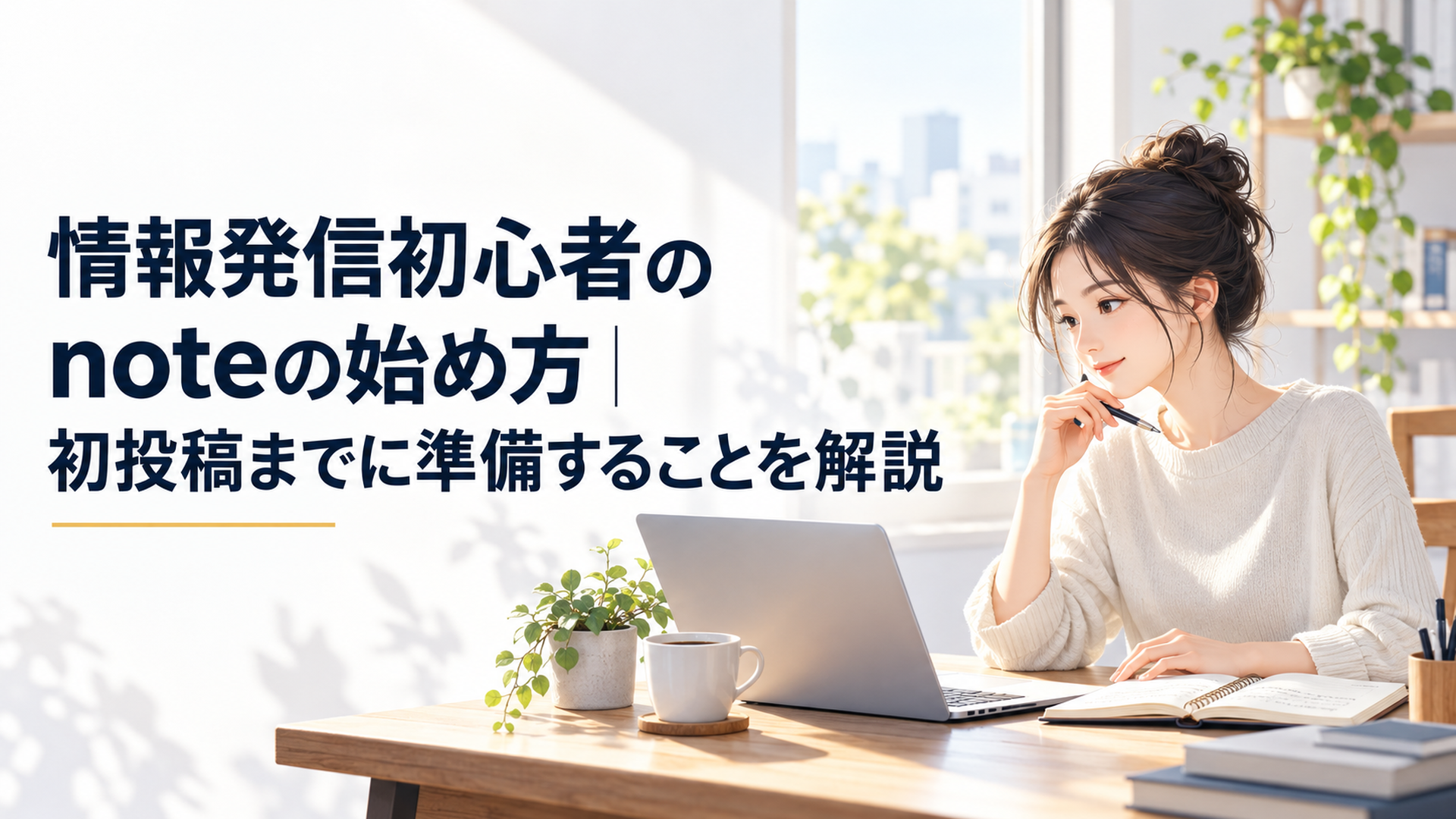 朝の自然光が入る静かなデスクでノートパソコンと紙のノートを開き、noteで初めて情報発信を始める準備をしているシーン