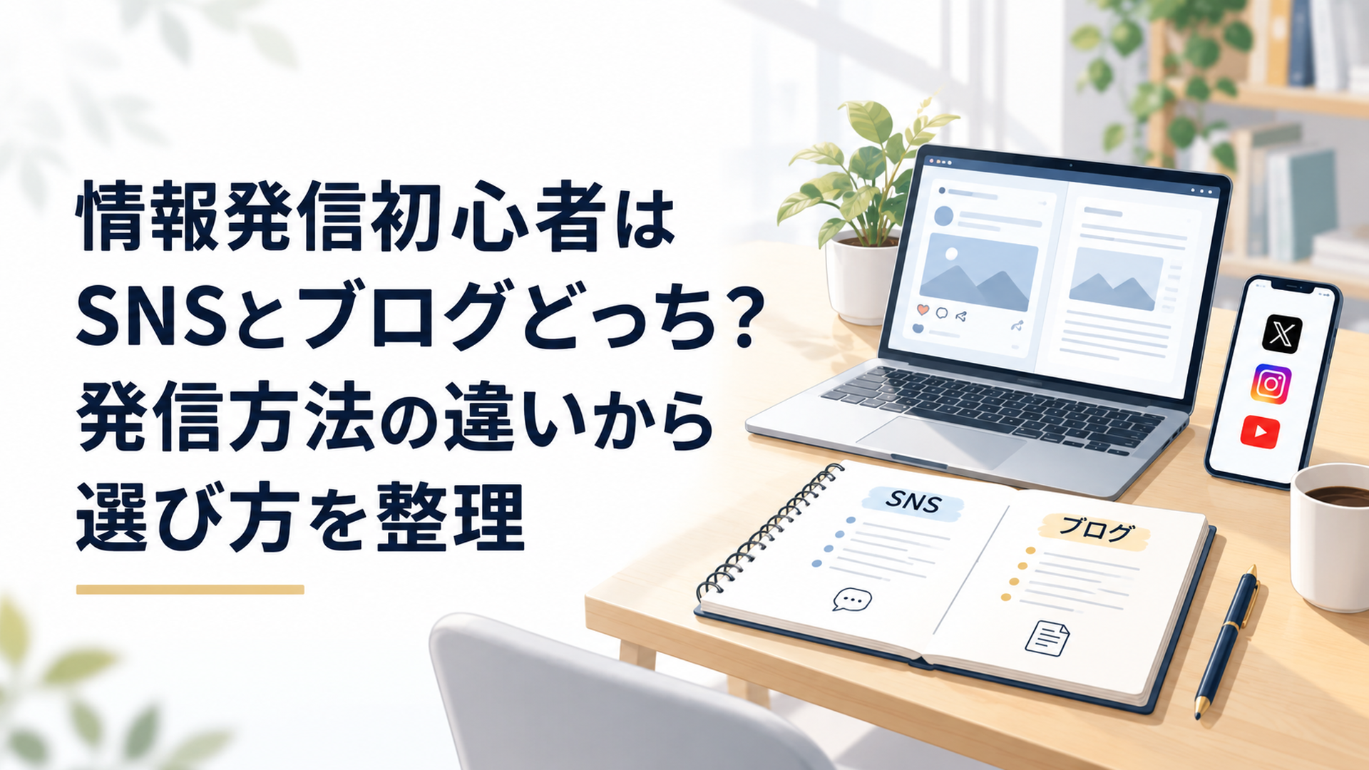ノートパソコンとスマートフォンを並べSNSとブログの違いをノートに整理している静かなデスク