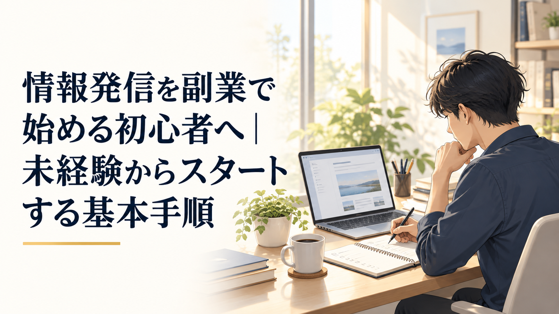 朝の自然光が入る静かな自宅デスクでノートとパソコンを使い情報発信の副業計画を整理している場面