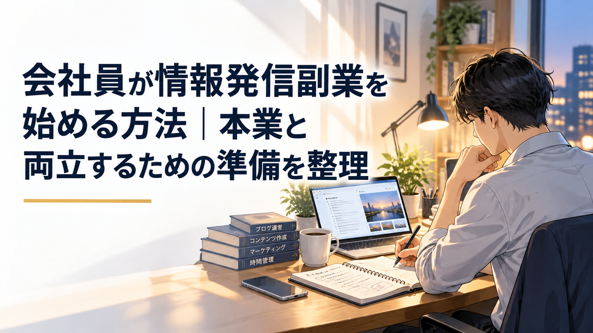 仕事を終えた会社員が自宅の静かなデスクでノートとパソコンを開き情報発信副業の計画を整理している場面