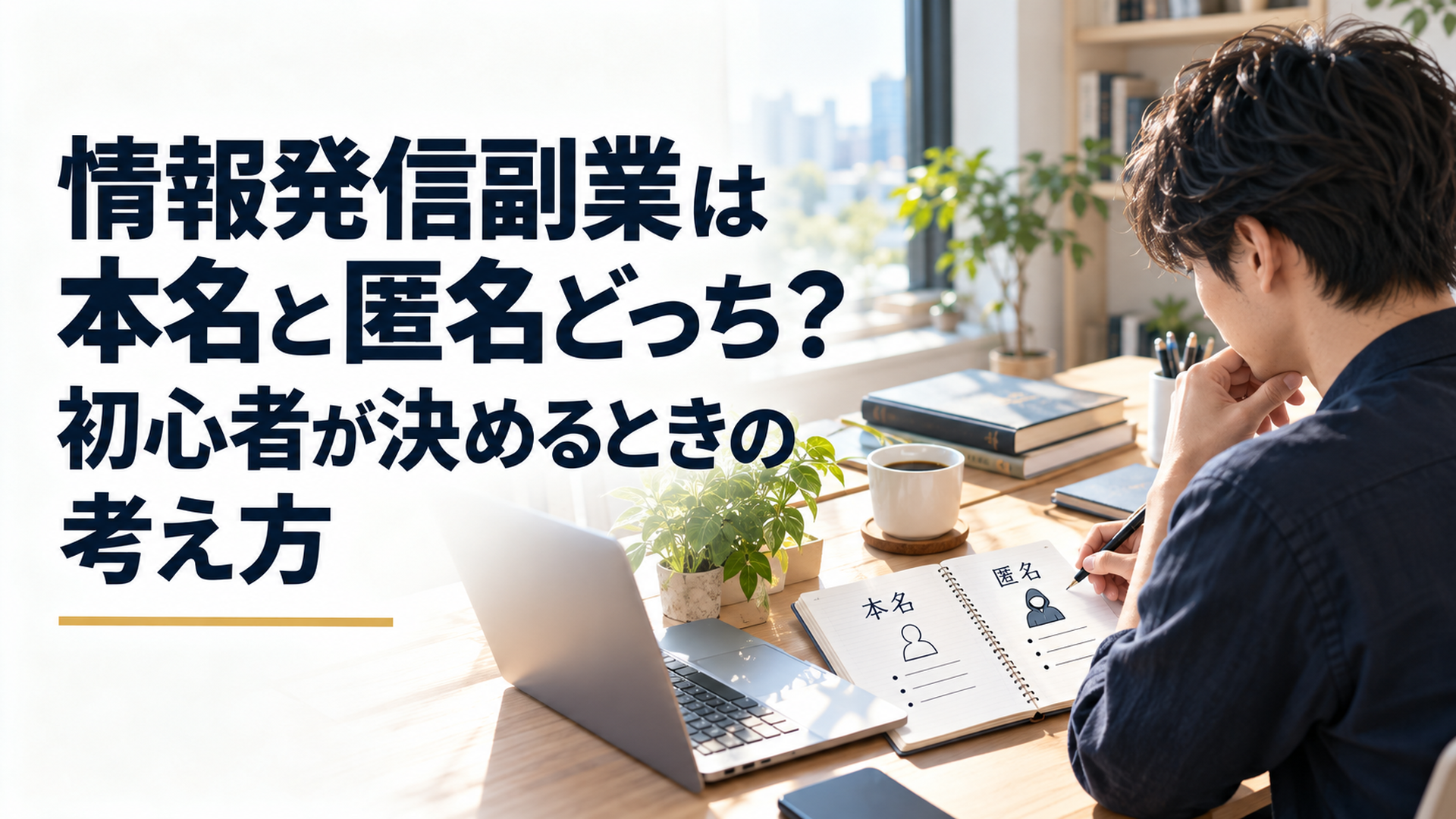 静かな自宅デスクでノートに本名と匿名の二つの選択肢を書き、会社員が情報発信副業の方針を整理している場面