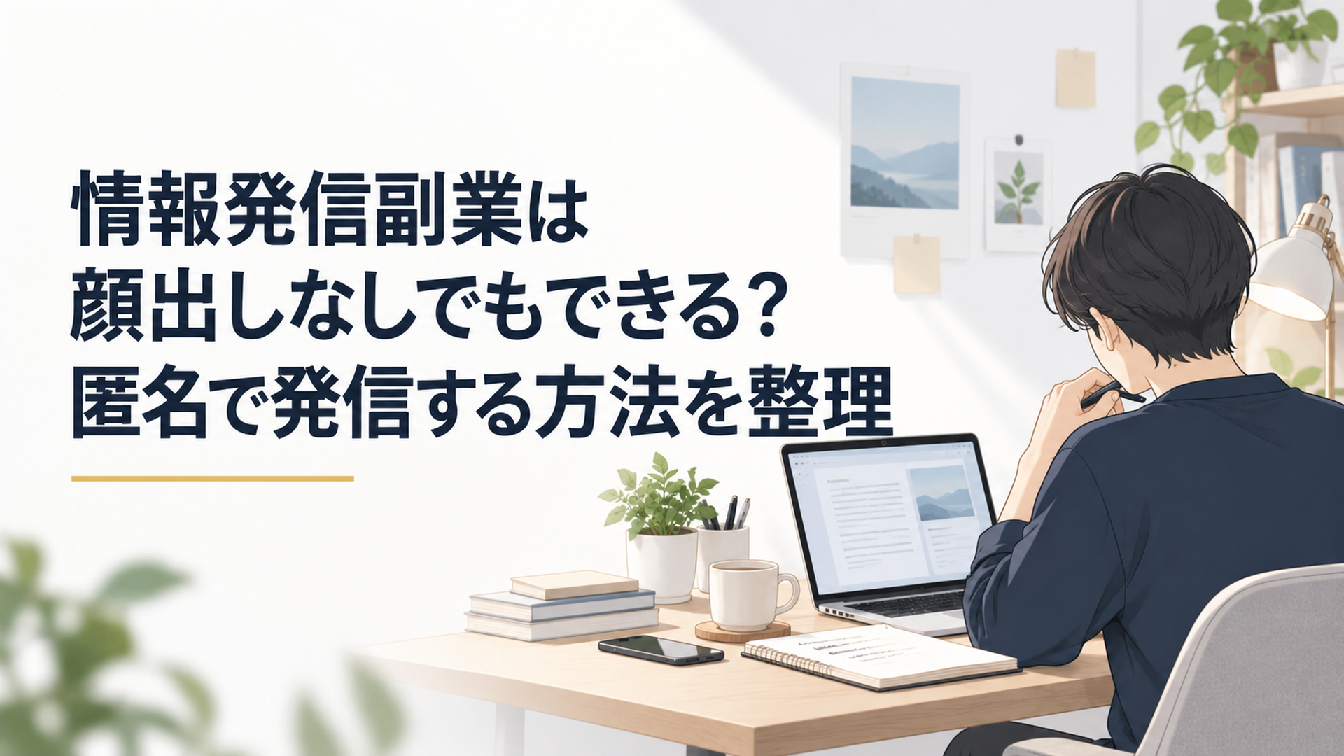 静かな自宅デスクでノートパソコンとノートを使い顔出しなしの情報発信副業を準備する様子