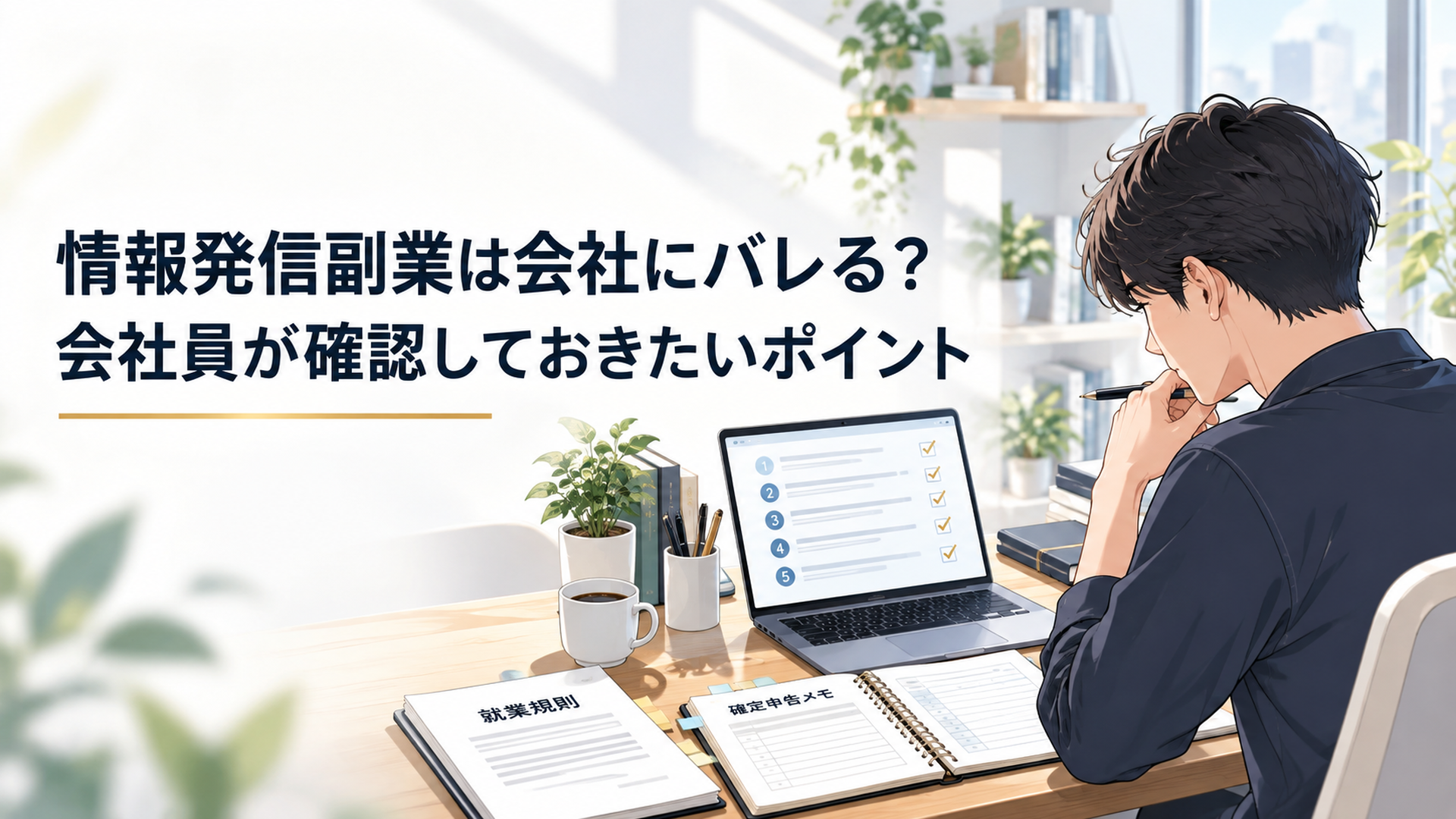 静かな自宅デスクでノートパソコンと就業規則のメモ、税金の記録ノートを開き、会社員が情報発信副業を始める前の5項目を確認している場面
