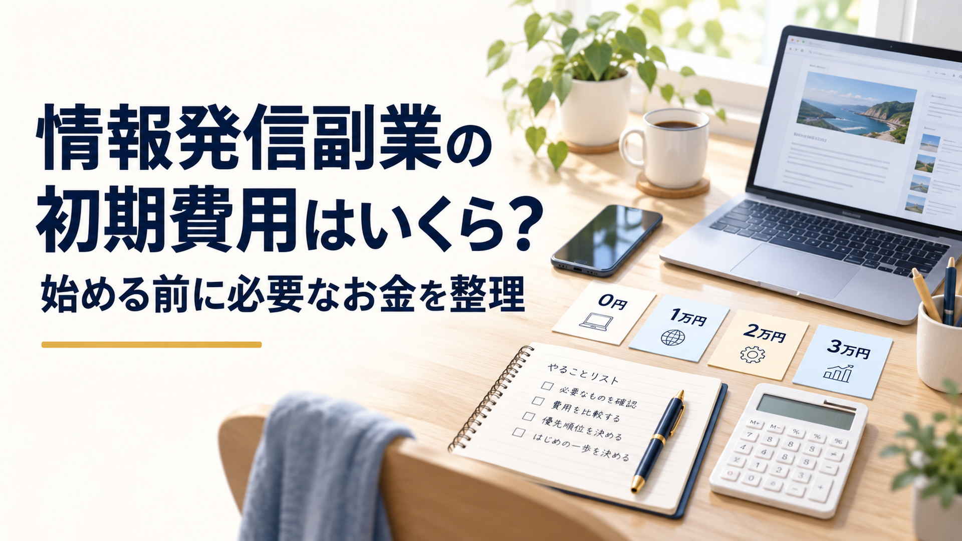 スマートフォンとノートパソコン、ノートと電卓を置いた机で、0円・1万円・2万円・3万円の情報発信副業予算を整理している落ち着いた自宅デスク