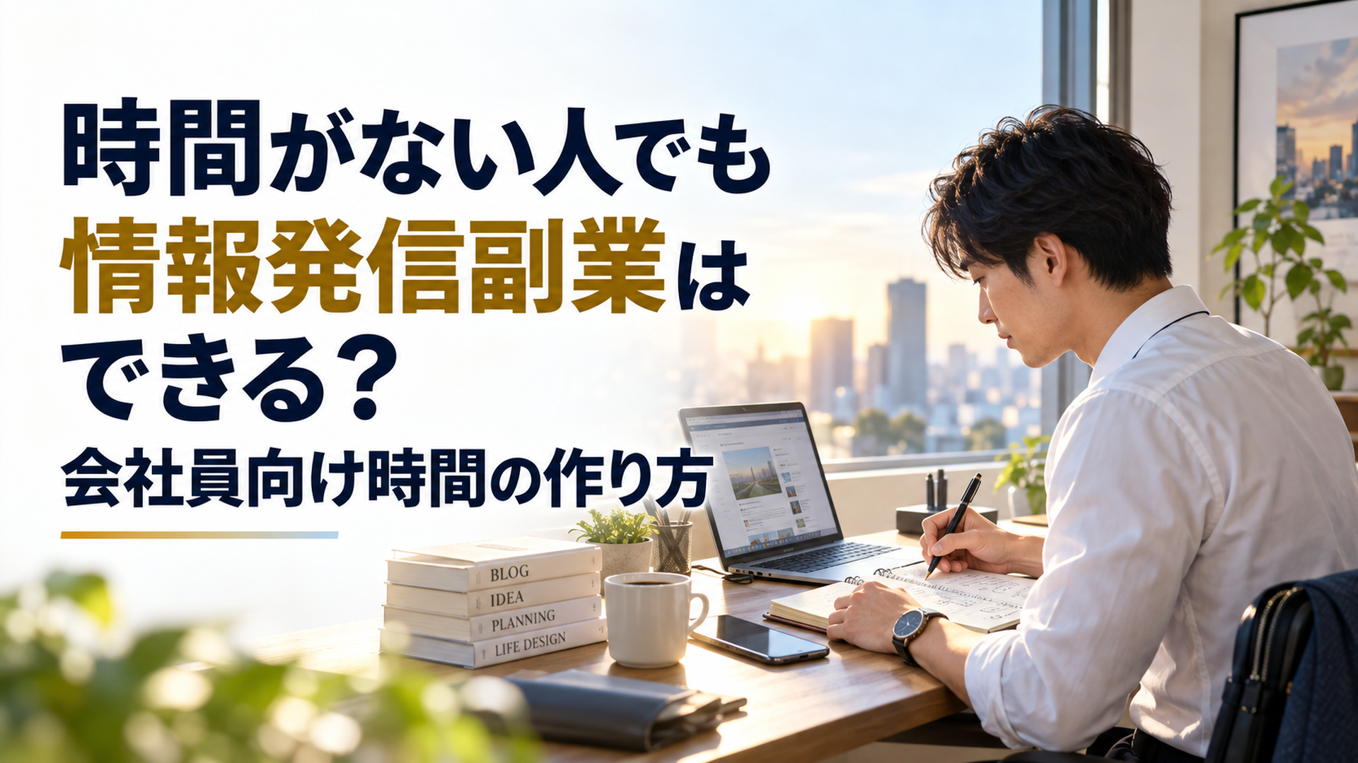 朝の出勤前、限られた時間でノートとパソコンを使い情報発信の計画を立てる会社員の静かなデスク