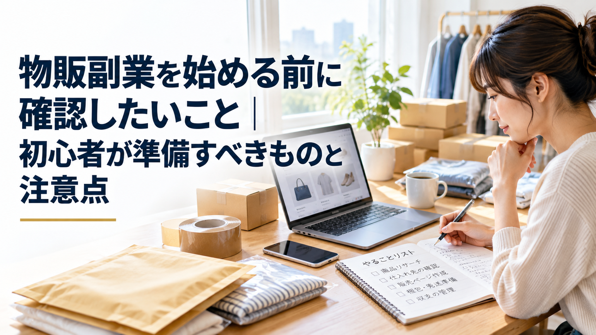 明るい自宅のデスクにスマートフォン、ノートパソコン、配送用封筒、梱包テープ、販売予定の商品、収支管理ノートが整然と並び、物販副業を始めるための準備を確認している初心者の様子