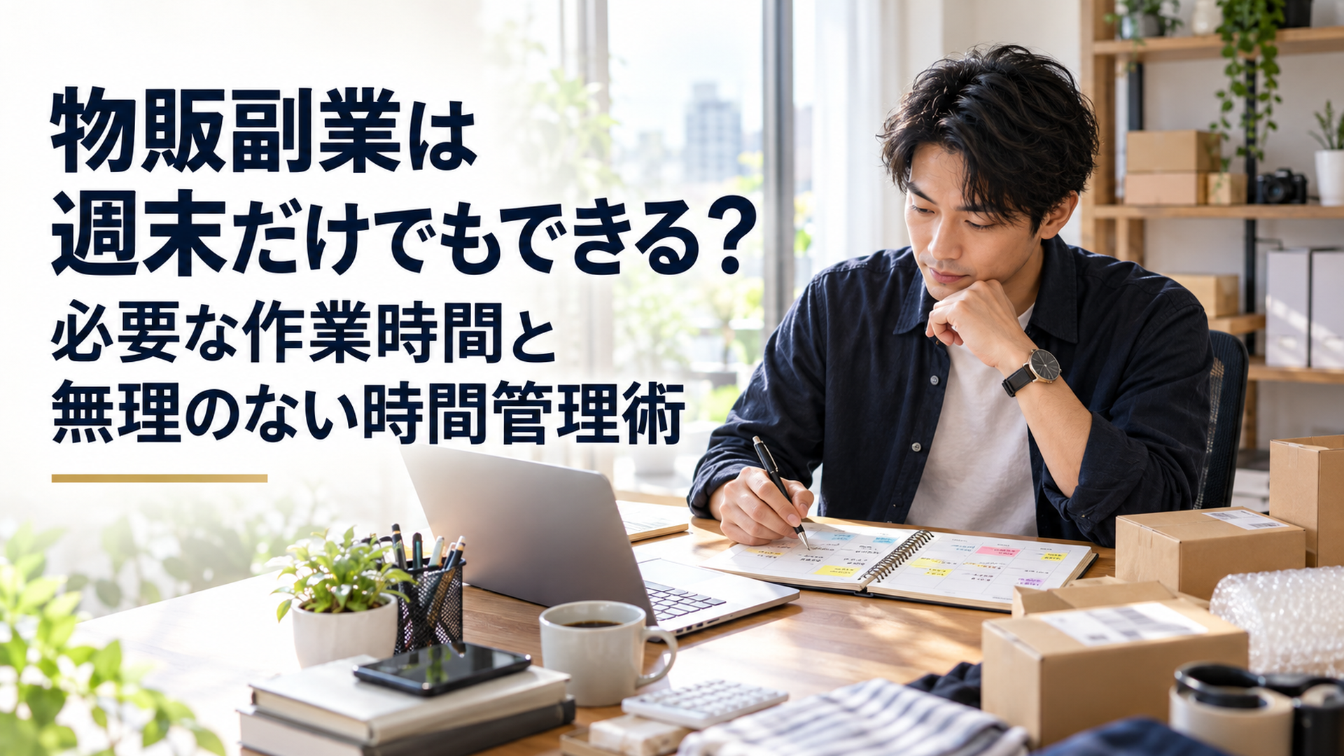 週末の午前中、柔らかな自然光が差し込む自宅のデスクで、ノートパソコンと週間スケジュール帳を見ながら物販副業の予定を整理する30代の日本人会社員。机には小型商品、梱包材、ペン、時計が整然と並ぶ。限られた休日を有効に使い、無理なく副業を続けるための時間管理を表現した、落ち着いた色調の