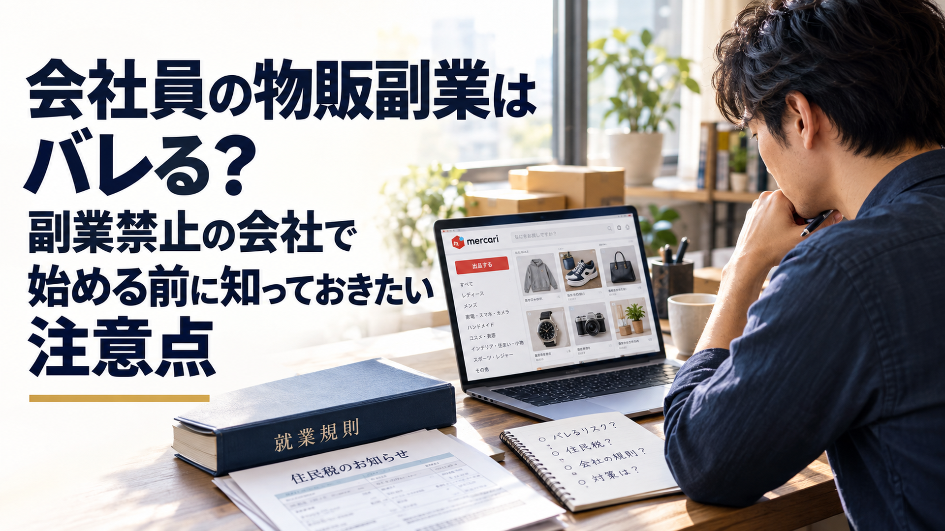 自宅のデスクでノートパソコンのメルカリ出品画面を確認しながら、勤務先に物販副業が知られる可能性を考えている30代の日本人会社員。机には就業規則、住民税の通知書、メモ帳が置かれている。窓から自然光が差し込む落ち着いた室内。アイボリー、くすみブルー、ネイビーを基調とした誠実でシネマテ