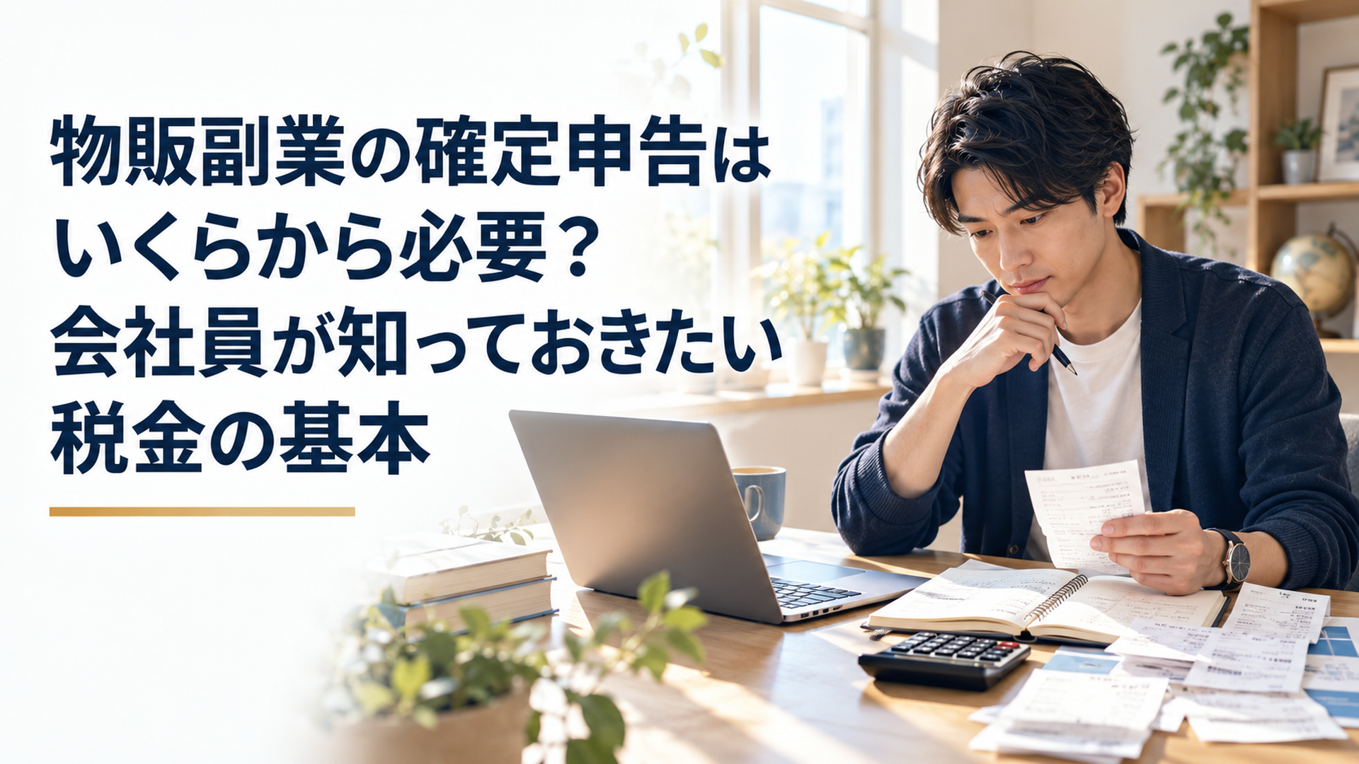 自然光が差し込む落ち着いた自宅のデスクで、会社員がノートパソコン、売上管理ノート、領収書、電卓を並べて物販副業の確定申告を確認しているリアルな写真。アイボリーとくすみブルーを基調とした誠実で知的な雰囲気