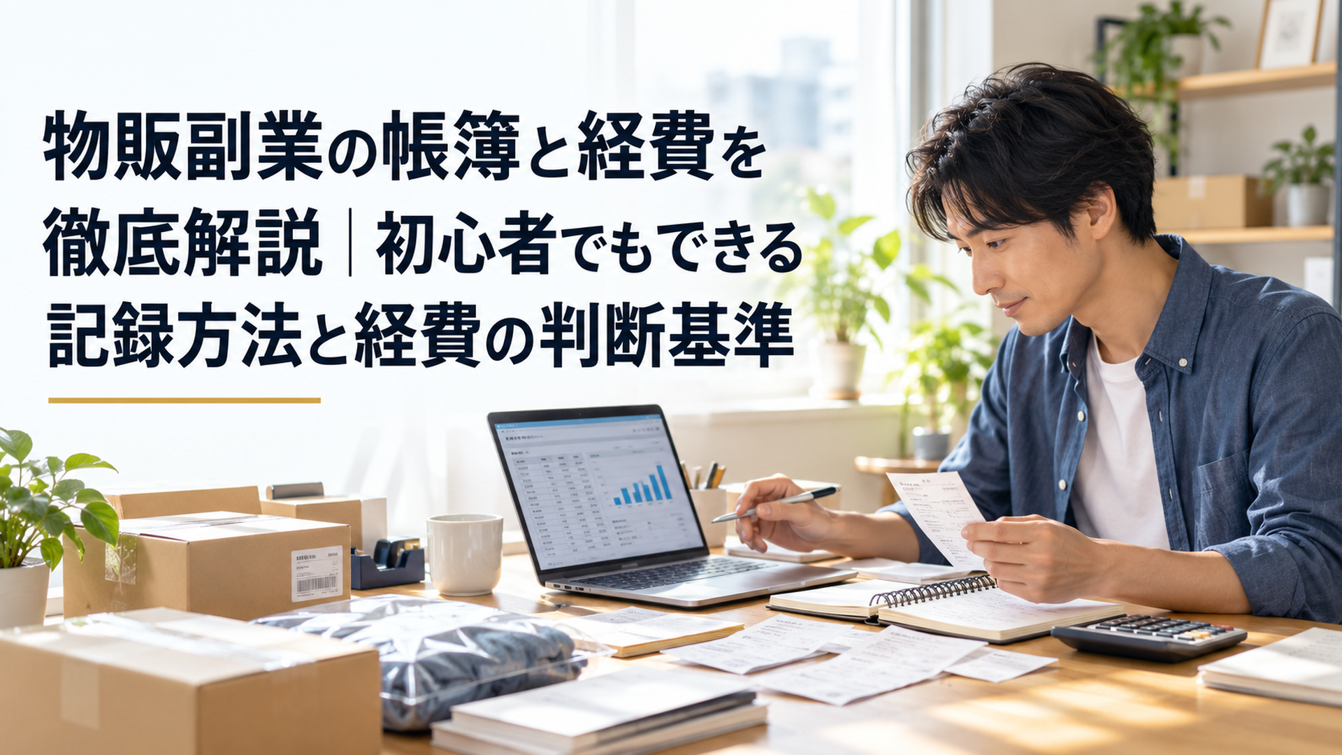 自然光が差し込む落ち着いた自宅の作業机で、ノートパソコンの売上管理表を確認しながら、仕入れ伝票、領収書、商品在庫を整理する30代の日本人会社員。アイボリーとくすみブルーを基調にした、余白のあるリアルな横長編集写真