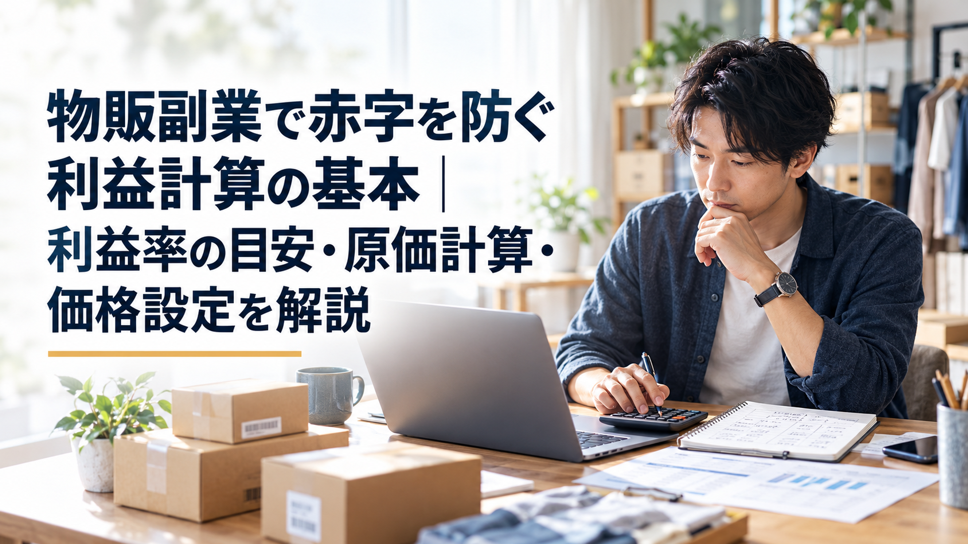 自然光が入る自宅のデスクで、ノートパソコンと電卓を使い、物販商品の販売価格、仕入れ原価、販売手数料、送料を確認する30代の日本人会社員。小さな梱包箱と記録ノートが並ぶ、アイボリーとくすみブルーを基調とした落ち着いたシネマティックな実写写真