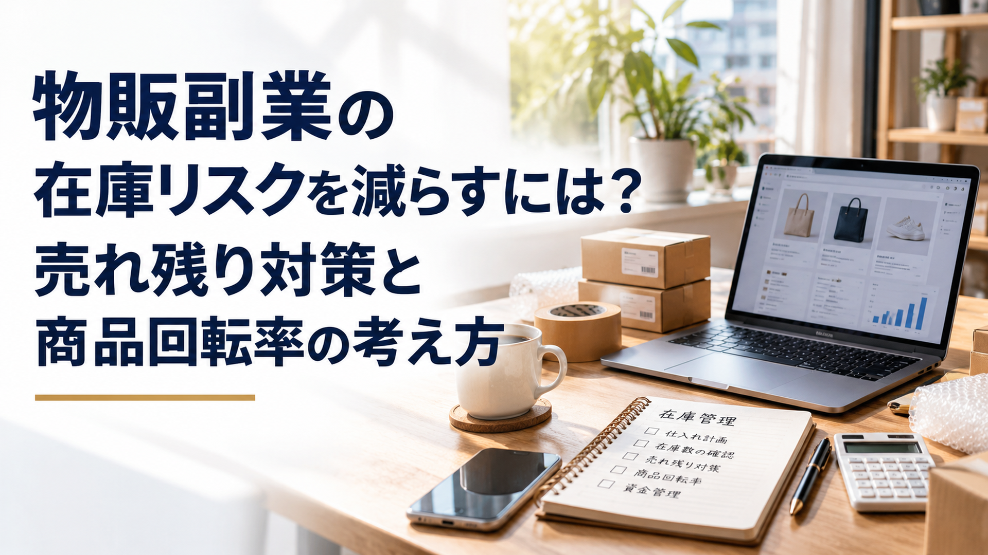 自然光が差し込む落ち着いた自宅の作業机。ノートパソコンの横に少量の商品と梱包資材、在庫管理ノートが整然と並ぶ。物販副業の在庫リスクと資金管理を考えるリアルで誠実な写真風の横長構図