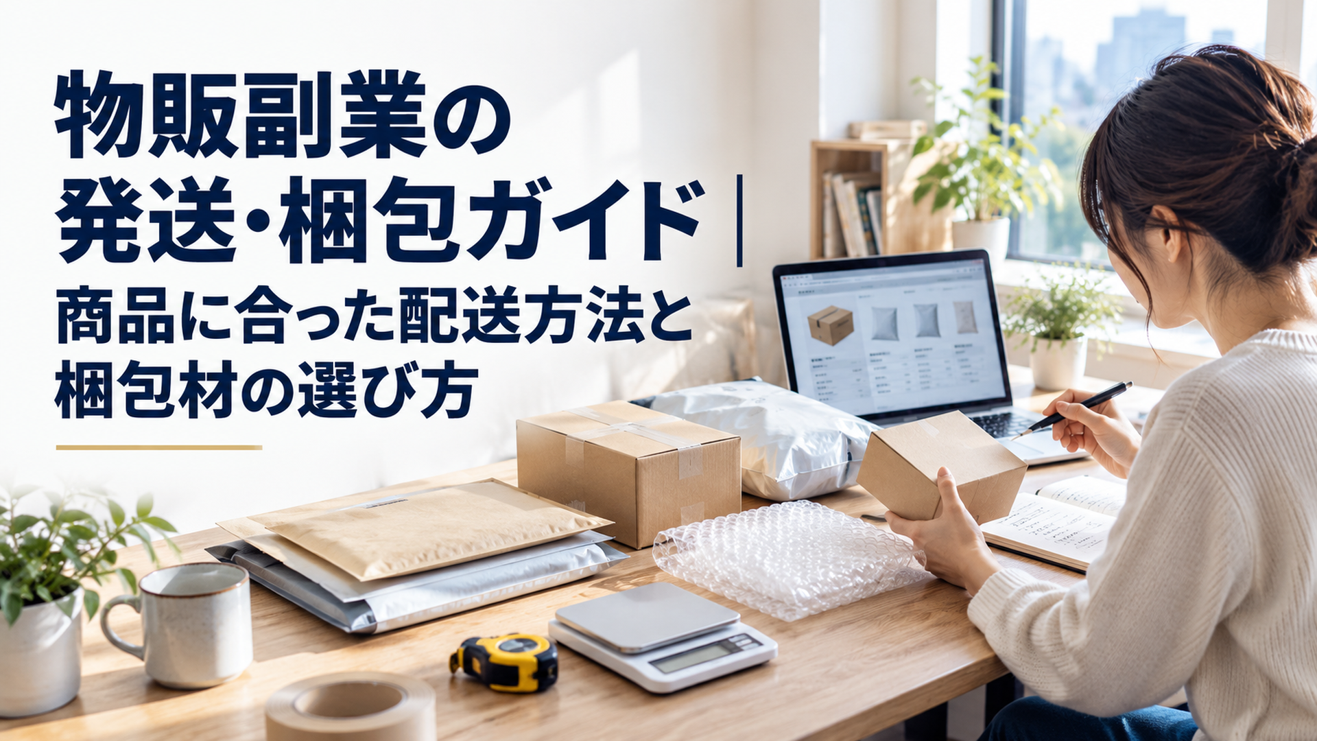 自然光が差し込む落ち着いた自宅の作業机に、薄型配送封筒、小型ダンボール、宅配袋、気泡緩衝材、メジャー、デジタル計量器を整然と配置したリアルな写真。物販副業初心者が商品の発送方法と梱包材を比較する場面。アイボリーとくすみブルーを基調とした横長のドキュメンタリー写真