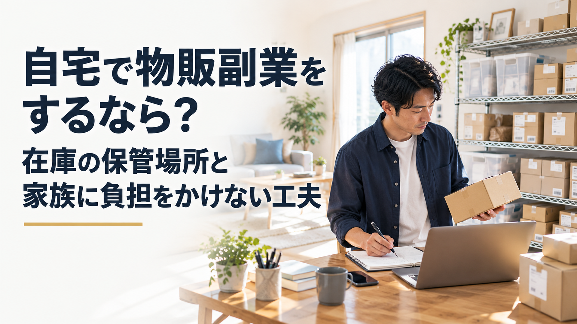 日本の一般的な住宅の明るい一室で、30代の日本人会社員が物販副業の商品在庫を整理している様子。壁際の専用スチールラックには収納ケースと商品入り段ボールが整然と並び、リビングの生活空間は十分に確保されている。窓から柔らかな自然光が差し込み、ノートとパソコンで在庫を確認している。リア