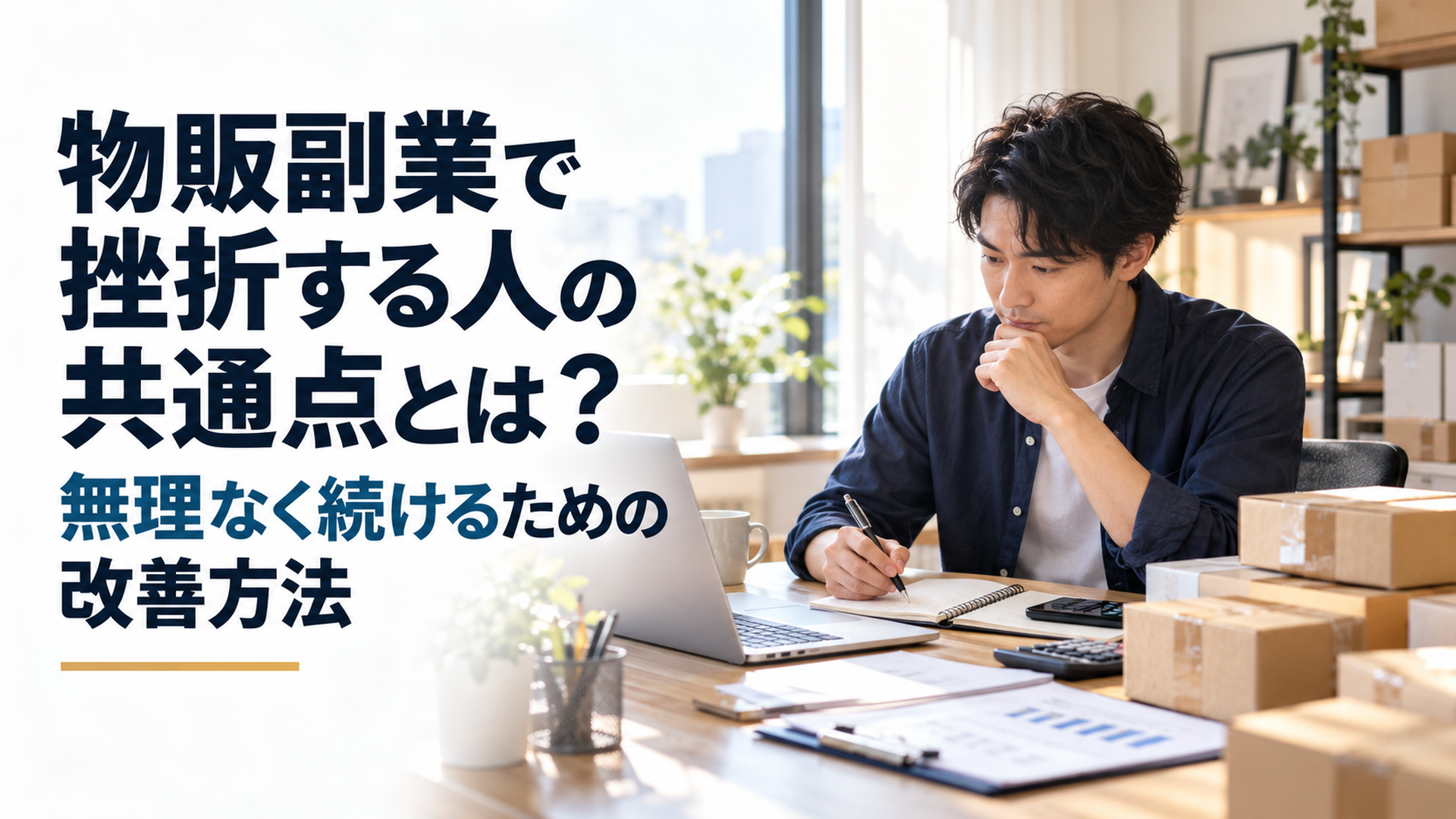 自然光が差し込む落ち着いた自宅の作業机で、ノートパソコンと少量の梱包済み商品を前に販売記録を見直す30代の日本人会社員。無理なく物販副業を続けるために作業計画を整理している様子。リアルな写真調、落ち着いたブルーとベージュ、横長16:9
