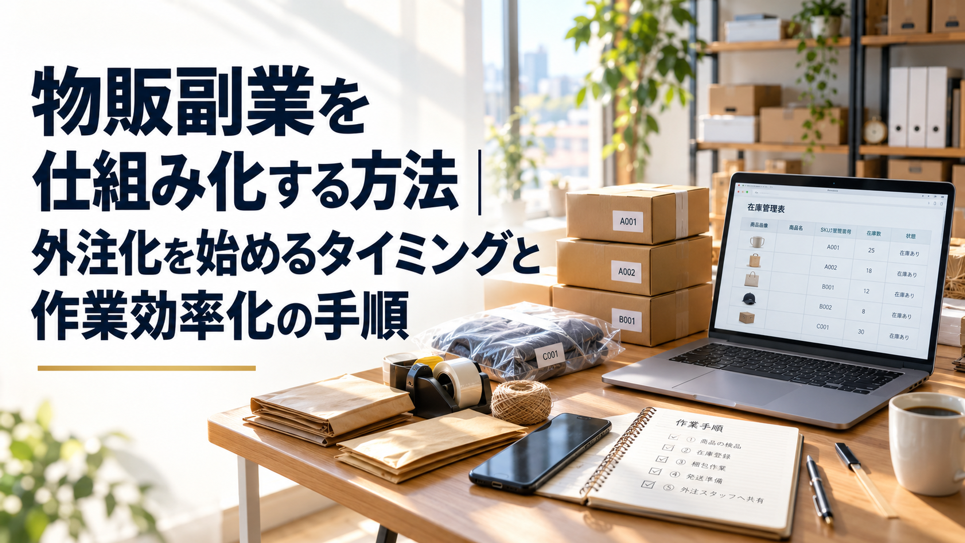 自然光が差し込む落ち着いた自宅の物販作業スペース。ノートパソコンには商品別の在庫管理表が表示され、横には管理番号を付けた商品、梱包資材、作業手順を書いたノートが整然と並んでいる。作業の仕組み化と外注化によって業務が整理された状態を表現する、余白の多いリアルなドキュメンタリー写真