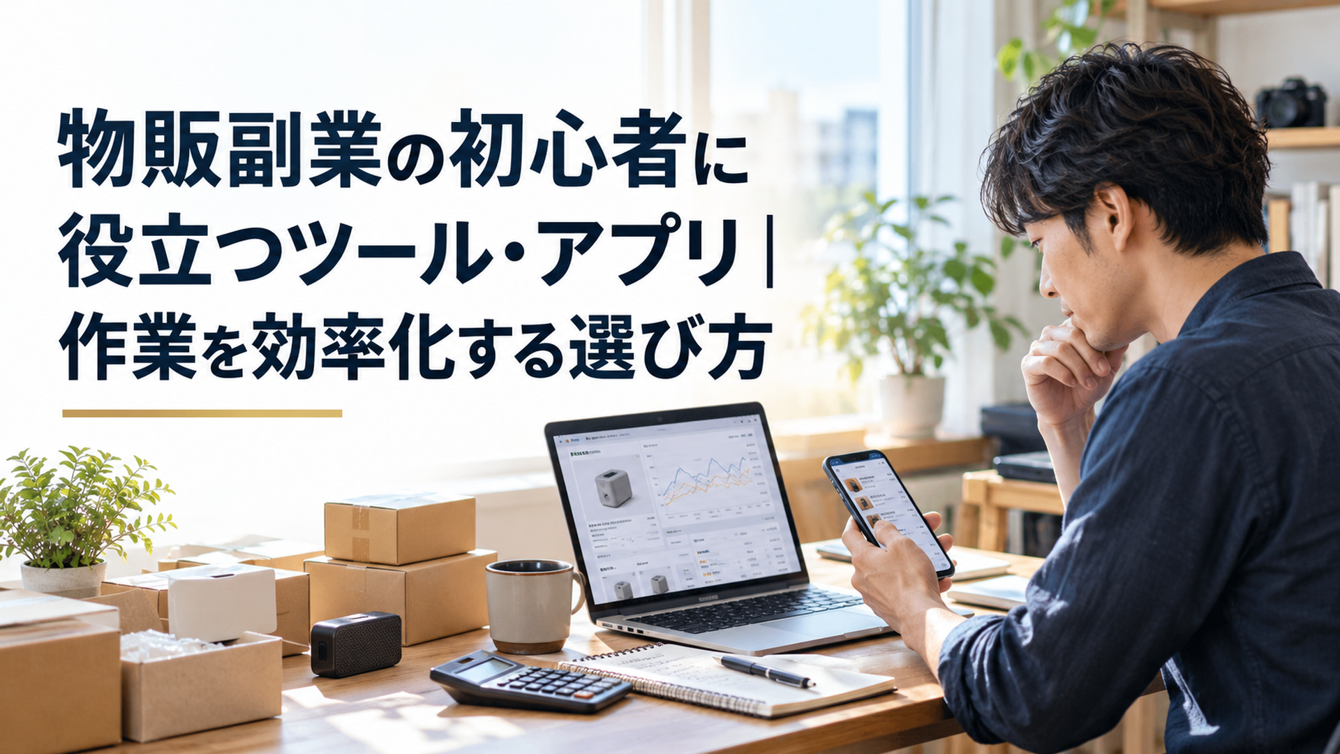 自然光が差し込む落ち着いた自宅の作業机で、30代の日本人会社員がノートパソコンとスマートフォンを使い、物販商品の価格履歴や販売条件を確認している様子。机には小型の商品、梱包箱、電卓、メモ帳が整然と並ぶ。リアルな写真風、横長16:9、アイボリーとくすみブルーの落ち着いた色調、余白を