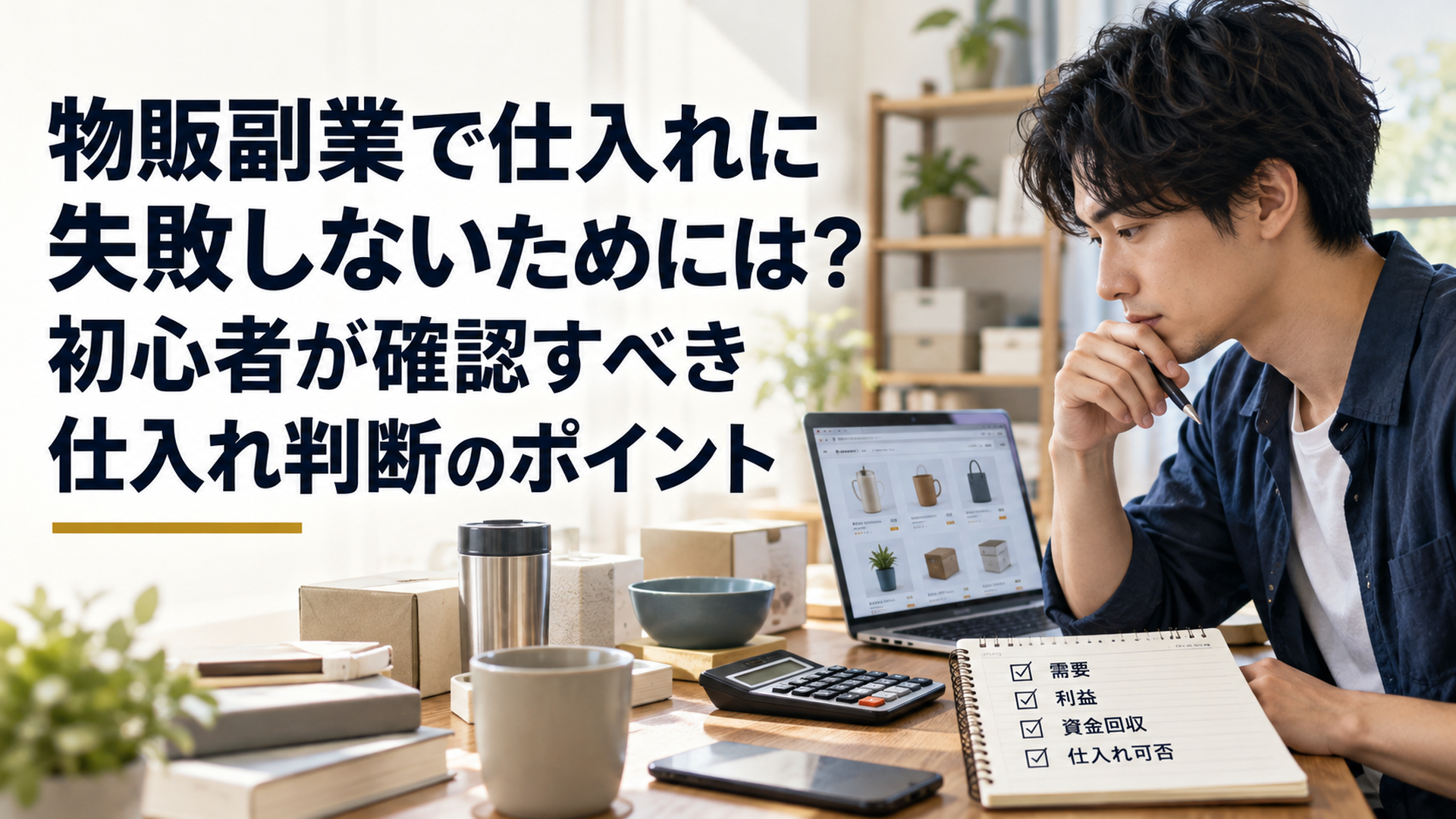 自然光が差し込む落ち着いた自宅の作業机で、ノートパソコンの商品情報と電卓、仕入れ候補の生活雑貨を見比べる日本人の副業初心者。ノートには需要、利益、資金回収、仕入れ可否のチェック項目が整理されている。アイボリーとくすみブルーを基調とした横長のリアルなエディトリアル写真