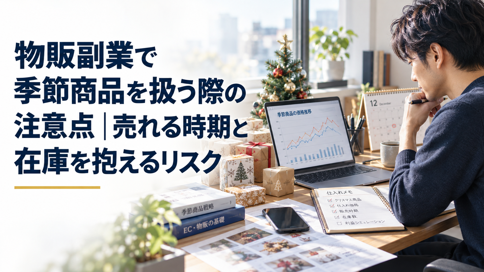 自然光が差し込む自宅の作業机で、30代の日本人会社員がノートパソコンに表示された季節商品の価格推移グラフを確認し、クリスマス向けの小さな商品箱、カレンダー、仕入れノートを見比べているリアルな編集写真。アイボリー、くすみブルー、淡いグレーを基調とした落ち着いた色彩。余白を生かした横