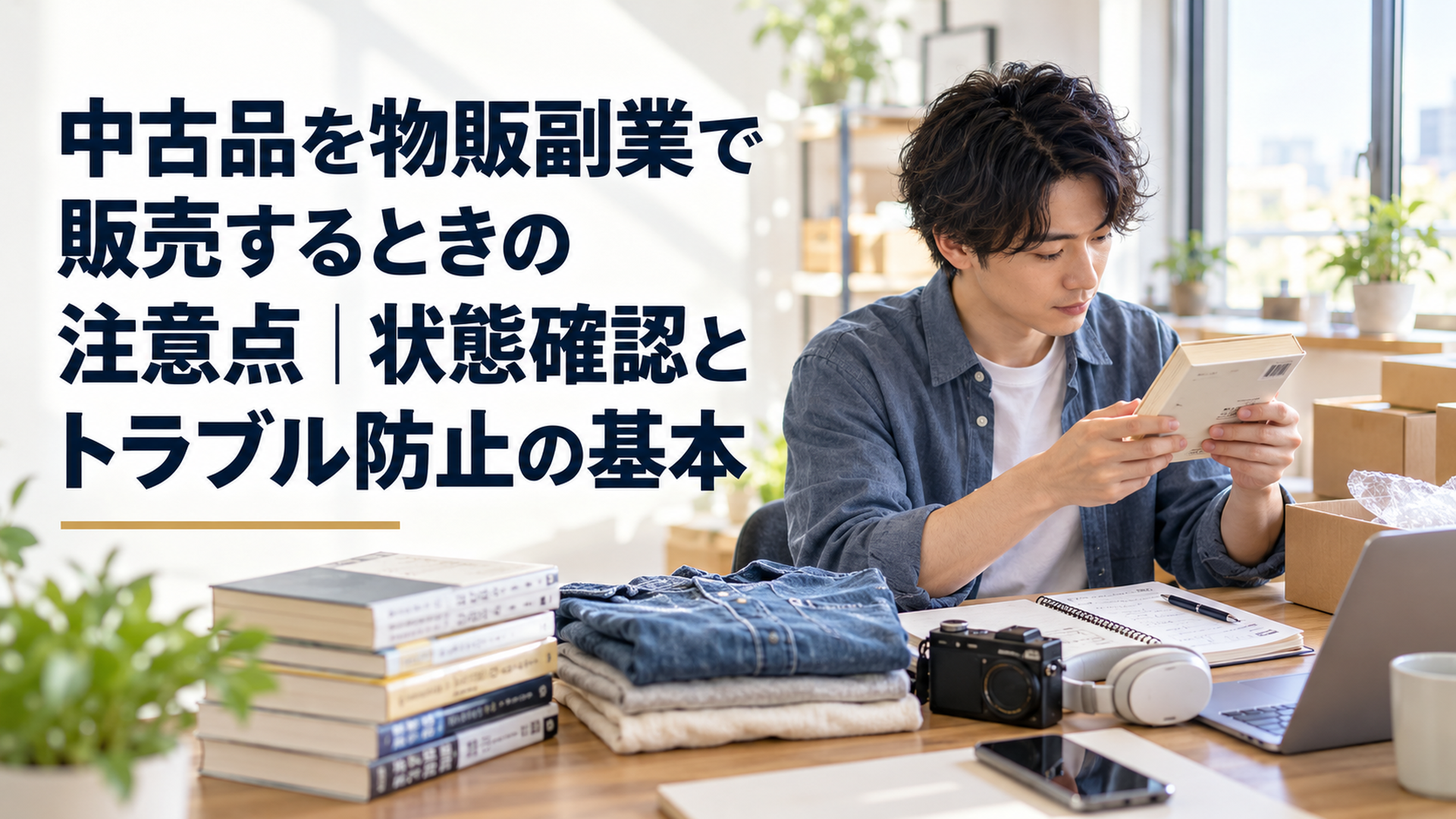 自然光が差し込む落ち着いた自宅の作業机で、中古の書籍・衣類・小型家電を慎重に確認する日本人の副業初心者。商品状態をノートに記録し、仕入れ判断を整理している。アイボリー、くすみブルー、淡いグリーンを基調にした、横長16対9の写実的なドキュメンタリー写真