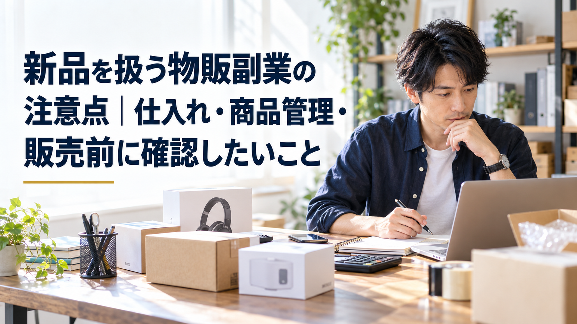 明るい自然光が差し込む日本の自宅ワークスペース。30代の日本人会社員が新品の小型家電、文房具、未開封の商品箱を机に並べ、ノートパソコンで仕入れ価格と販売条件を慎重に確認している。落ち着いた表情で副業の準備を進めるリアルなドキュメンタリー写真。アイボリー、くすみブルー、ネイビーを基