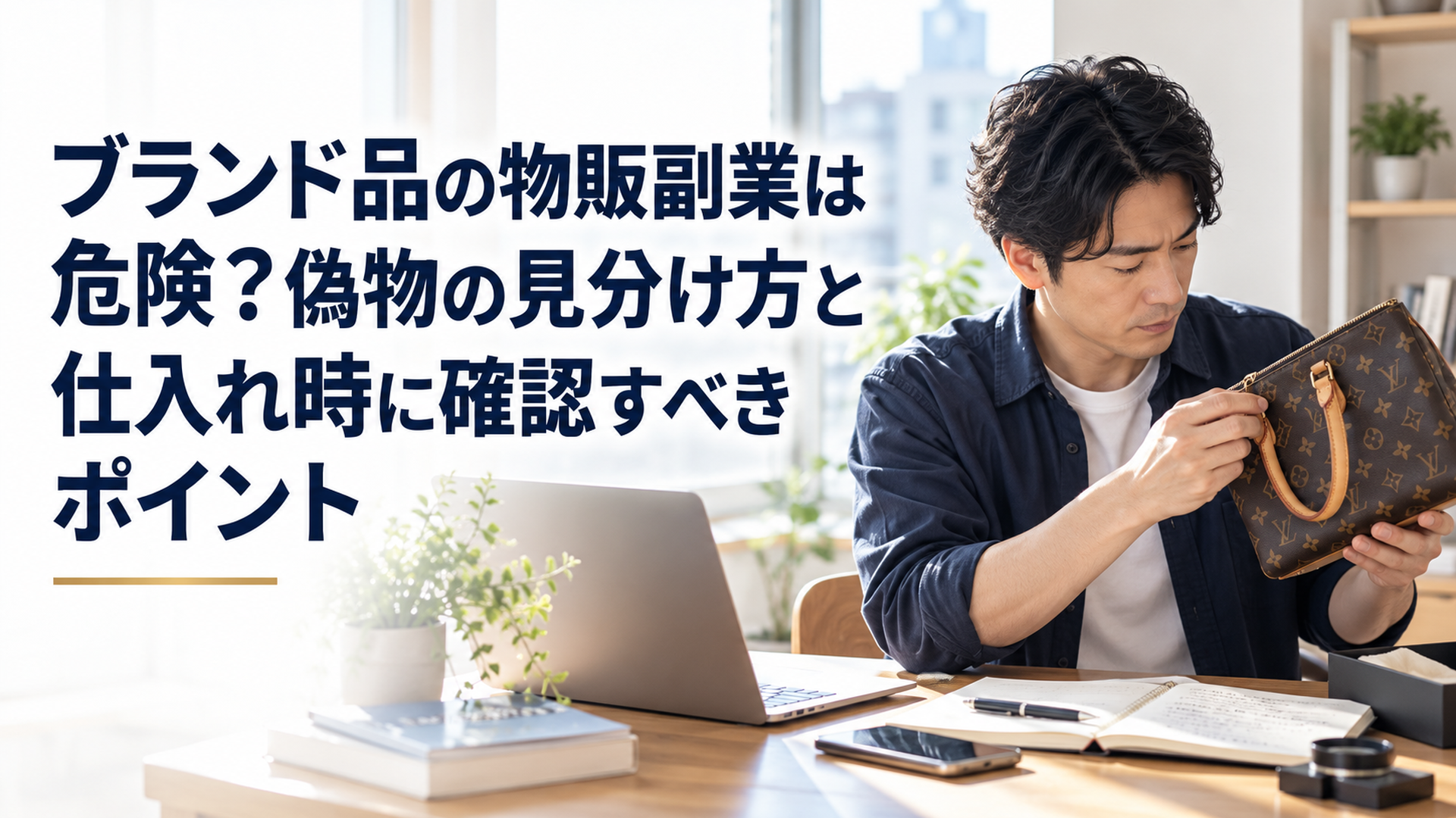 自然光が差し込む落ち着いた自宅の作業机で、中古ブランドバッグの状態を慎重に確認する30代の日本人会社員。ノートパソコン、仕入れ記録ノート、シンプルな文房具を配置。アイボリーとくすみブルーを基調とした、余白のある信頼感の高い写実的な横長写真