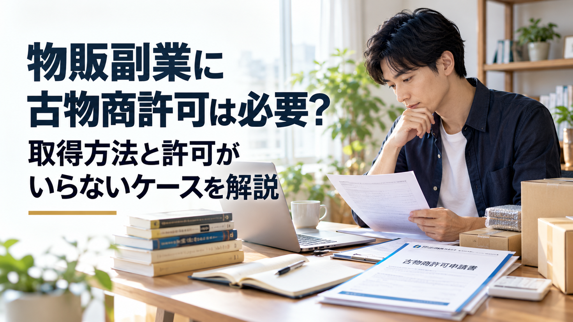 自然光が差し込む落ち着いた日本人会社員の自宅作業机に、ノートパソコン、中古本、未開封の商品箱、発送用の小箱、古物商許可の申請準備書類を整理して配置し、物販副業を始める前に必要な手続きを確認している様子を写したリアルな横長写真