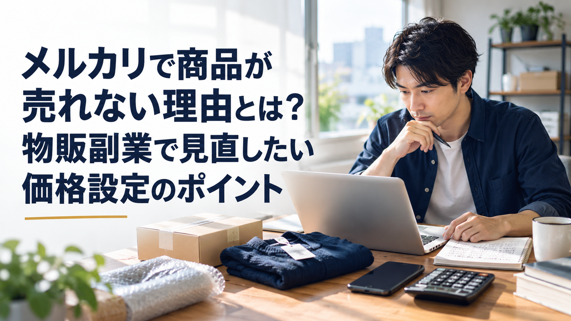 自然光が差し込む自宅の作業机で、メルカリに出品した商品の価格設定を見直す30代の日本人会社員。ノートパソコン、スマートフォン、電卓、梱包前の商品、価格を記録したノートを配置。落ち着いたネイビーとくすみブルーを基調としたリアルな写真風の横長構図。画面の文字や実在ロゴは描かず、価格設