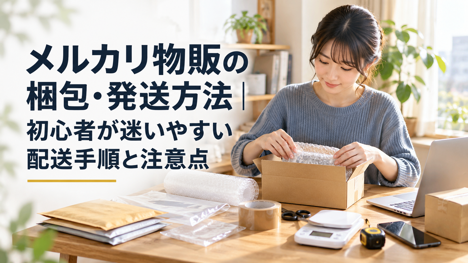 自然光が差し込む日本の自宅の木製作業机に、小型ダンボール箱、クッション封筒、防水用の透明袋、気泡緩衝材、梱包テープ、デジタル計量器、メジャー、スマートフォンが整然と並ぶ。副業初心者がメルカリの梱包と発送準備をしている現実的な作業風景。アイボリーとくすみブルーを基調とした静かで清潔