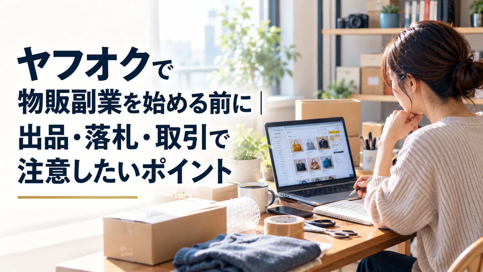 自然光が入る落ち着いた自宅のデスクで、ノートパソコンに表示されたネットオークションの商品一覧を確認しながら、出品予定の商品と梱包資材を整理する日本人の副業初心者。リアルな写真風、アイボリーとくすみブルーを基調とした横長16対9の構図