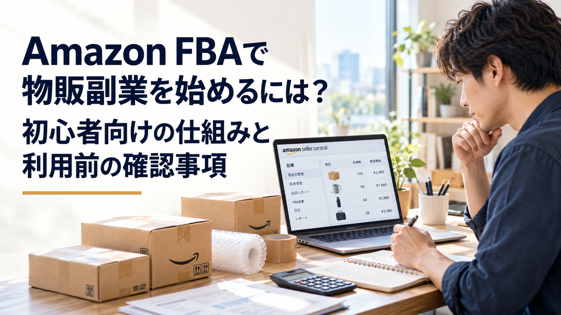 自然光が差し込む自宅の落ち着いた作業机。ノートパソコンにはAmazon FBAの在庫管理をイメージしたシンプルな画面。机には小型の段ボール箱、梱包資材、電卓、仕入れ管理ノートが整然と並ぶ。30代の日本人会社員が物販副業の準備を進めている。アイボリー、くすみブルー、ネイビーを基調と