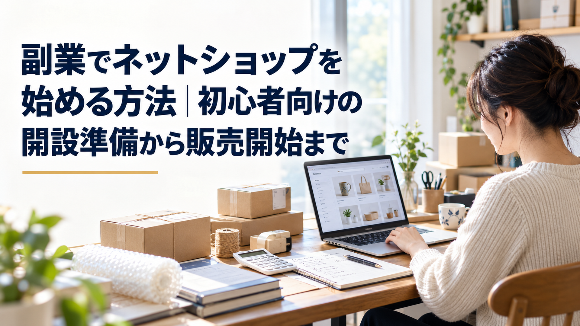 自然光が差し込む日本の自宅ワークスペース。ノートパソコンには小規模ネットショップの商品一覧画面が表示され、机には生活雑貨、小さな発送箱、梱包材、電卓、価格計算用ノートが整然と並ぶ。副業初心者が落ち着いてネットショップ開設を準備する様子。アイボリー、くすみブルー、ネイビーを基調とし